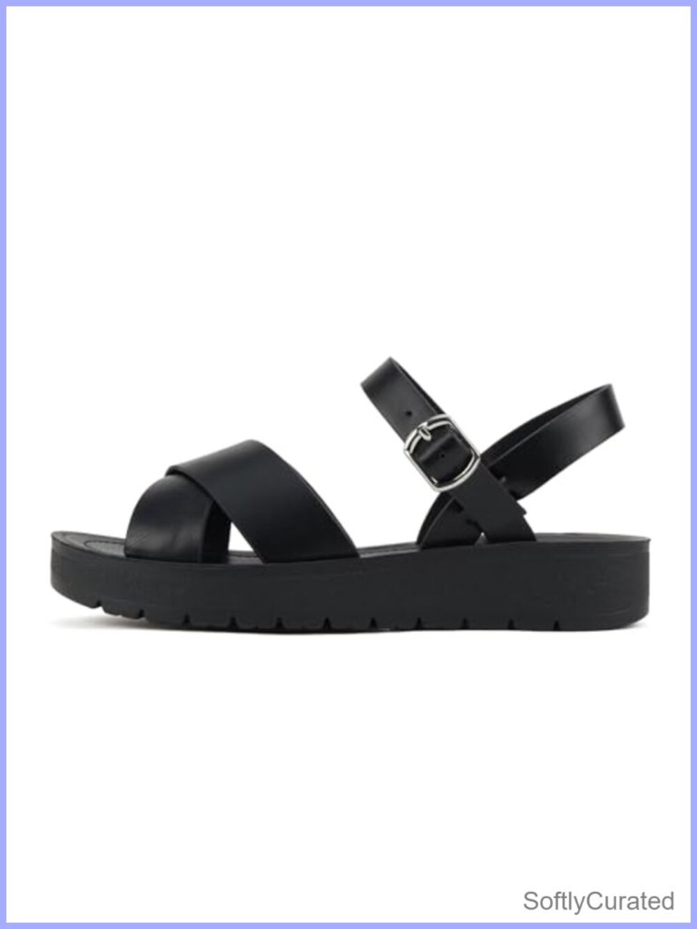 Women Flat Sandals Flatform Ankle Buckle Criss Cross Faux Leather